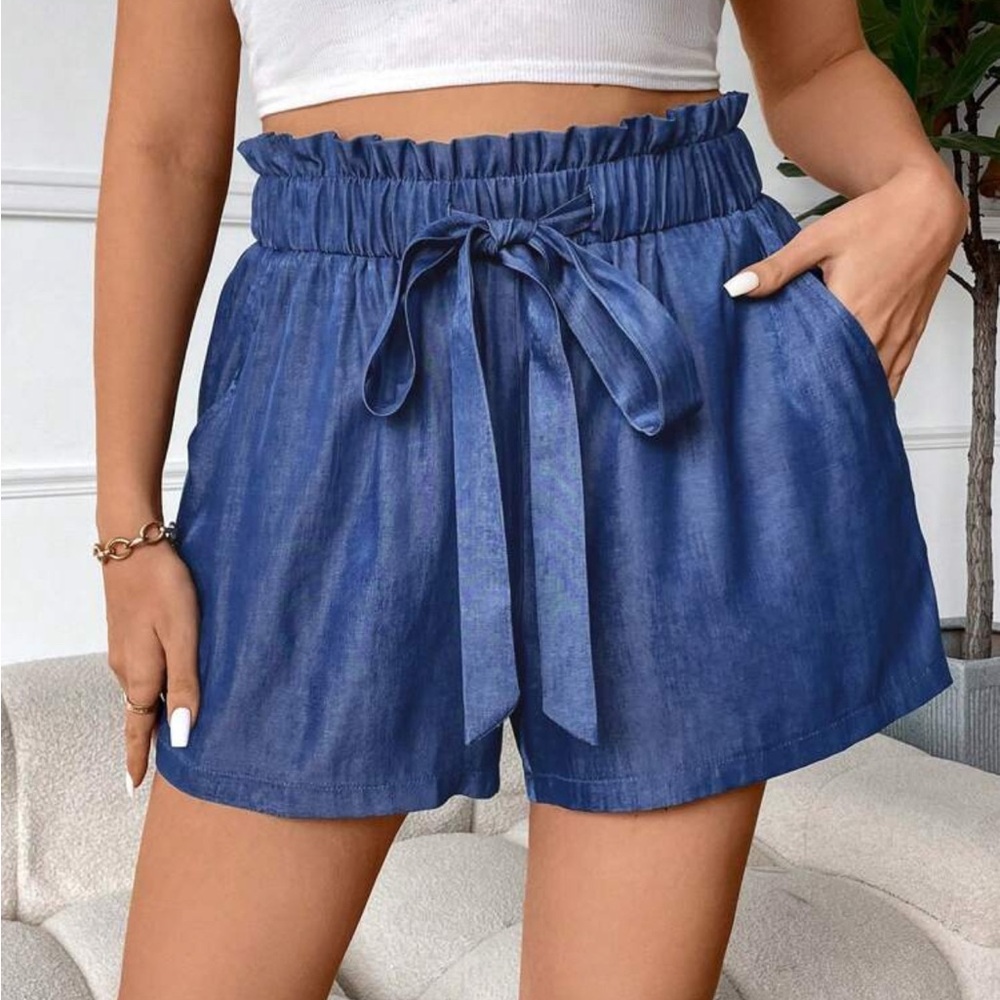 Womens High Waisted Paperbag Shorts Blue Chambray Elastic Tie Waist Pockets